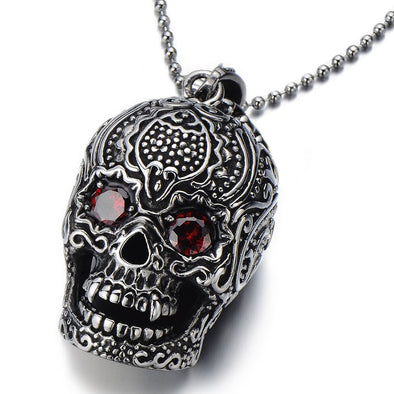 Stainless Steel Sugar Skull Pendant Necklace for Man with Red Cubic Zirconia with 23.4 in Ball Chain - COOLSTEELANDBEYOND Jewelry