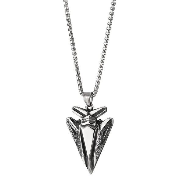 Stainless Steel Textured Arrowhead Shield Pendant Necklace with 30 Inches Steel Wheat Chain - COOLSTEELANDBEYOND Jewelry