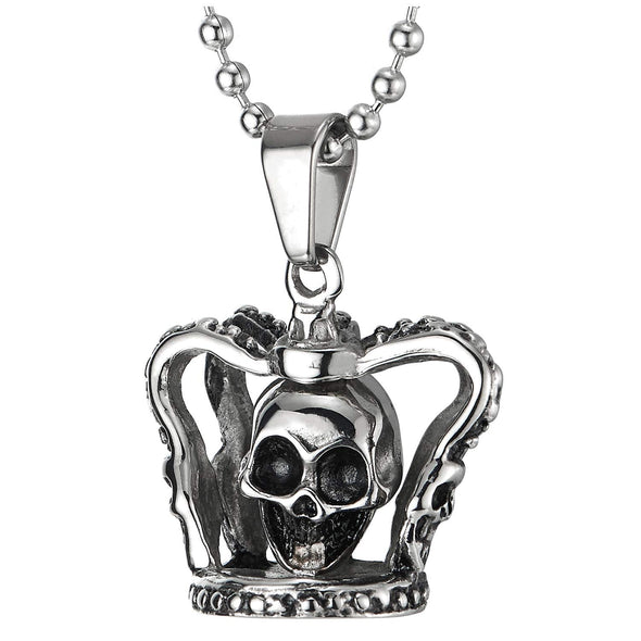 Stainless Steel Vintage Dotted Crown Skull Pendant Necklace for Man Women, 23.6 inches Ball Chain