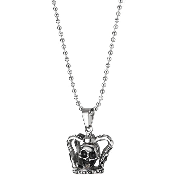 Stainless Steel Vintage Dotted Crown Skull Pendant Necklace for Man Women, 23.6 inches Ball Chain