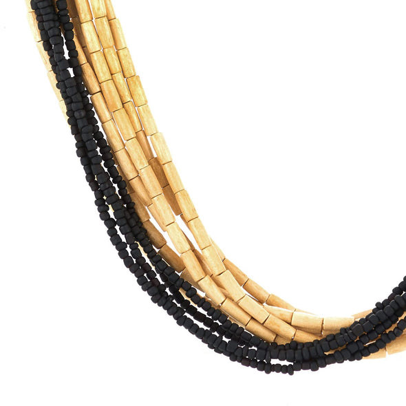 Statement Collar Choker Necklace Multi-Strand Black Beige Wood Beads Charm Pendant Dress Boho Ethnic - COOLSTEELANDBEYOND Jewelry