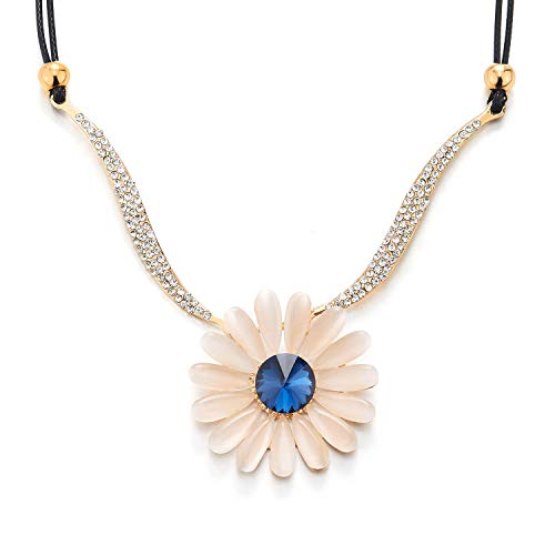 COOLSTEELANDBEYOND Statement Necklace Sparkling Rhinestones Blue Beige Crystal Daisy Flower Pendant Large Dangle Collar - coolsteelandbeyond