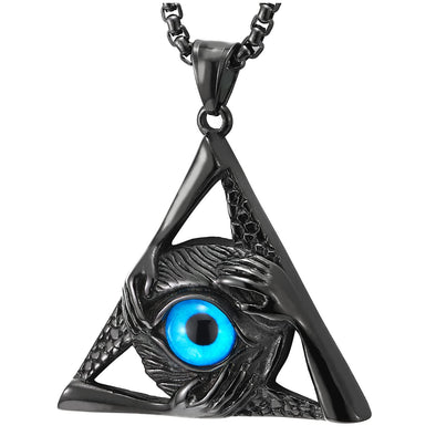 Steel Black Evil Eye Protection Hands Triangle Pendant Necklace for Men Women 30 Inch Wheat Chain