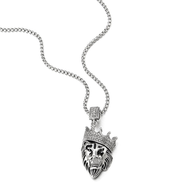COOLSTEELANDBEYOND Steel Crown Lion King Pendant Necklace with Cubic Zirconia for Man Women, 30 inches Wheat Chain - coolsteelandbeyond