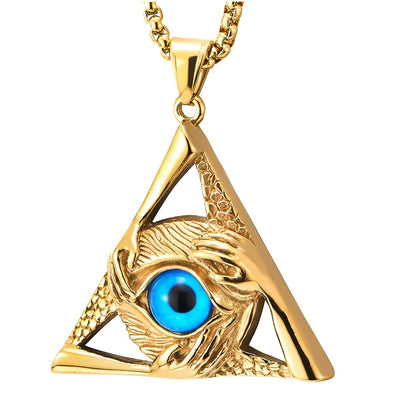 Steel Gold Color Evil Eye Protection Hands Triangle Pendant Necklace Men Women 30 Inch Wheat Chain
