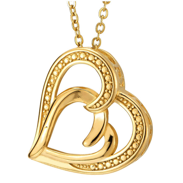 COOLSTEELANDBEYOND Steel Gold Color Two Interlocking Dotted Hearts Pendant Necklace Love, 20 inches Rope Chain - coolsteelandbeyond
