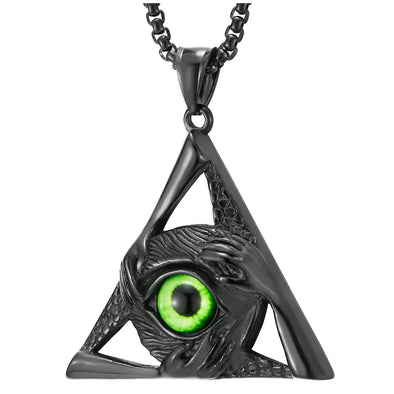 Steel Green Evil Eye Protection Hands Black Triangle Pendant Necklace for Men Women 30 in Wheat Chain