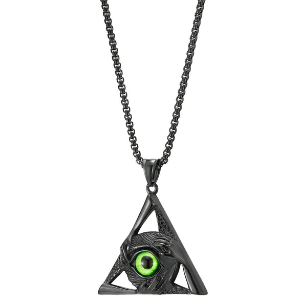 Steel Green Evil Eye Protection Hands Black Triangle Pendant Necklace for Men Women 30 in Wheat Chain - COOLSTEELANDBEYOND Jewelry