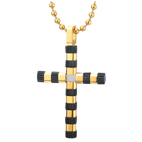 COOLSTEELANDBEYOND Steel Grooved Tube Bead Cross Pendant Necklace for Men Women, Gold Black Two-Tone 23.6 in Ball Chain - coolsteelandbeyond