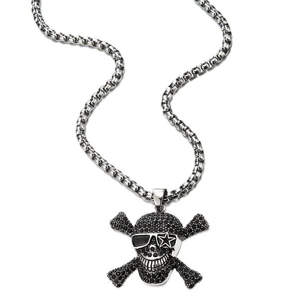 Steel Large Pirate Sugar Skull Pendant Necklace for Men Women with Black CZ and 30 in Wheat Chain - COOLSTEELANDBEYOND Jewelry