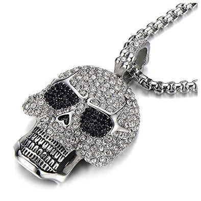 Steel Large Sugar Skull Pendant Necklace for Men Women with Cubic Zirconia and Wheat Chain - COOLSTEELANDBEYOND Jewelry