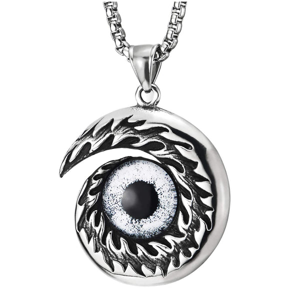 Steel Men Women Fire Flame Swirl Evil Eye Protection Pendant Necklace Yin-Yang on The Back