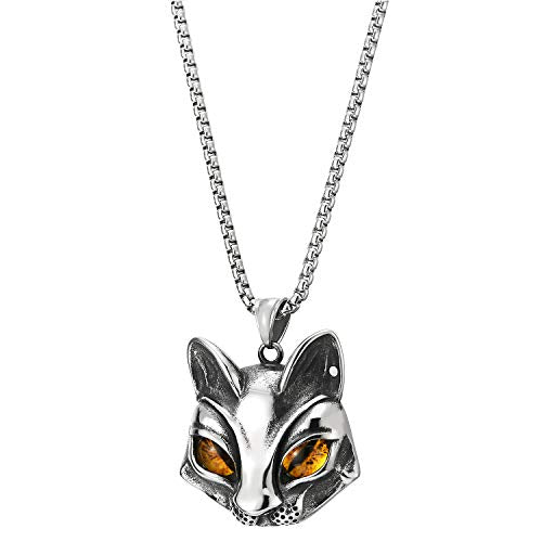 COOLSTEELANDBEYOND Steel Men Womens Wild Cat Face Head Pendant Necklace with Yellow Resin Eyes, 30 inches Wheat Chain - coolsteelandbeyond
