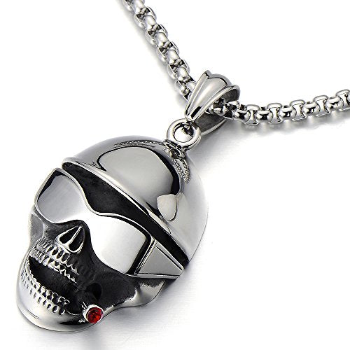 Steel Mens Biker Hip-Hop Smoking Skull Pendant Necklace with Red Cubic Zirconia and 30 inches Wheat Chain - COOLSTEELANDBEYOND Jewelry