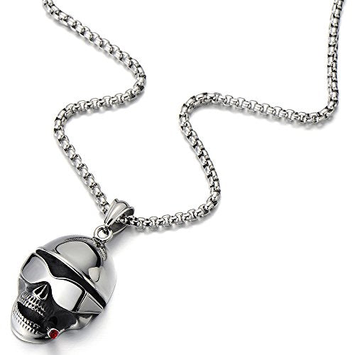 Steel Mens Biker Hip-Hop Smoking Skull Pendant Necklace with Red Cubic Zirconia and 30 inches Wheat Chain - COOLSTEELANDBEYOND Jewelry