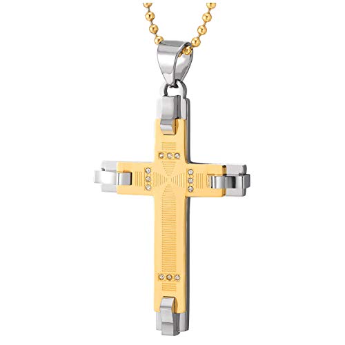 COOLSTEELANDBEYOND Steel Mens Cross Pendant Necklace with CZ and Grooved Stripes, Two-Layer, Silver Gold, 23.6 in Chain - coolsteelandbeyond