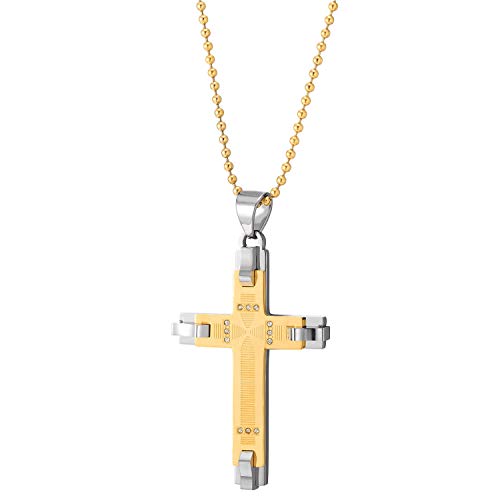 COOLSTEELANDBEYOND Steel Mens Cross Pendant Necklace with CZ and Grooved Stripes, Two-Layer, Silver Gold, 23.6 in Chain - coolsteelandbeyond