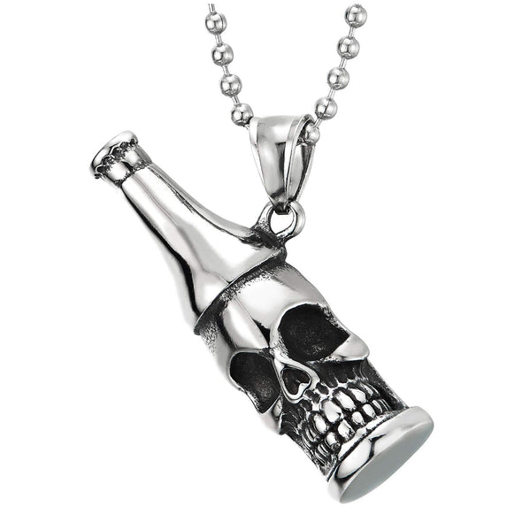 Steel Mens Skull Bottle Pendant Necklace with 30 inches Steel Ball Chain, Bottle Opener at The Back - COOLSTEELANDBEYOND Jewelry