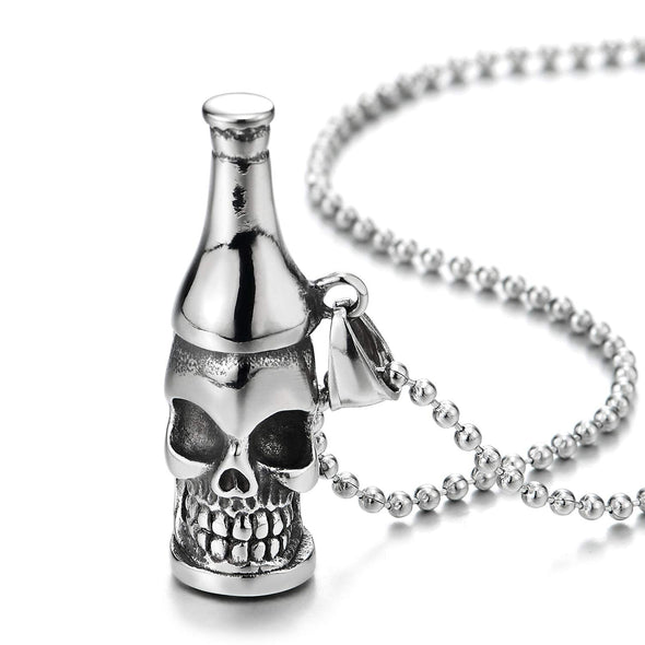 Steel Mens Skull Bottle Pendant Necklace with 30 inches Steel Ball Chain, Bottle Opener at The Back - COOLSTEELANDBEYOND Jewelry