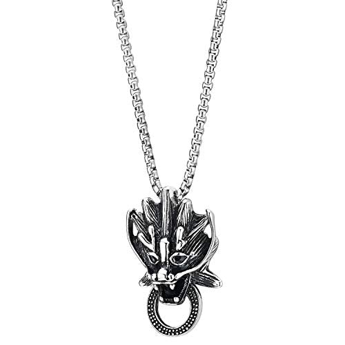 Steel Mens Vintage Dragon Head Pendant Necklace with Dotted Circle, Punk Rock, 30 inches Wheat Chain