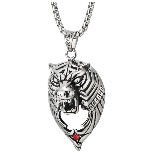 Steel Mens Vintage Roaring Tiger Head Pendant Necklace with Red Cubic Zirconia, 30 in Chain