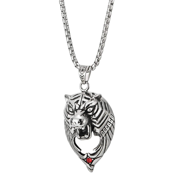 Steel Mens Vintage Roaring Tiger Head Pendant Necklace with Red Cubic Zirconia, 30 in Chain