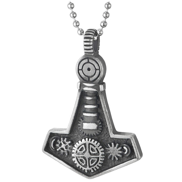 Steel Mens Vintage Steampunk Gears Anchor Thors Hammer Pendant Necklace, Old Metal Finishing - COOLSTEELANDBEYOND Jewelry