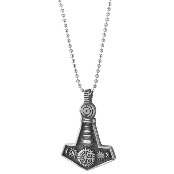Steel Mens Vintage Steampunk Gears Anchor Thors Hammer Pendant Necklace, Old Metal Finishing - COOLSTEELANDBEYOND Jewelry