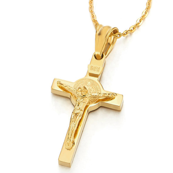 COOLSTEELANDBEYOND Steel Mens Women Small Gold Color Jesus Christ Crucifix Cross Pendant Necklace with 20 in Rope Chain - coolsteelandbeyond
