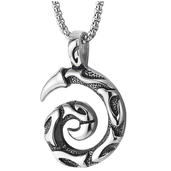 Steel Mens Women Vintage Dragon Eagle Horn Claw Tail Swirl Pendant Necklace, 30 inches Wheat Chain