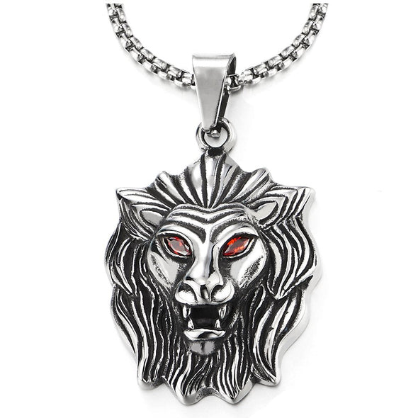 COOLSTEELANDBEYOND Steel Mens Women Vintage Lion Head Pendant Necklace with Red Cubic Zirconia, 30 inches Wheat Chain - coolsteelandbeyond
