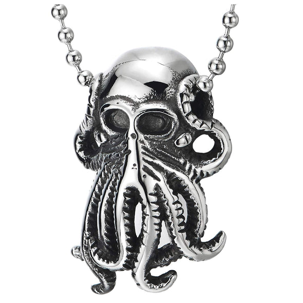 Steel Mens Womens Mat Black Octopus Skull Pendant Necklace with 23.6 inches Ball Chain, Gothic Punk - COOLSTEELANDBEYOND Jewelry
