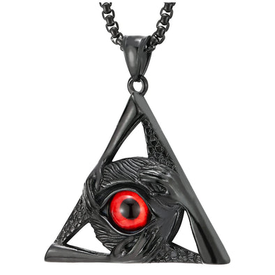 Steel Red Evil Eye Protection Hands Black Triangle Pendant Necklace for Men Women 30 in Wheat Chain - COOLSTEELANDBEYOND Jewelry
