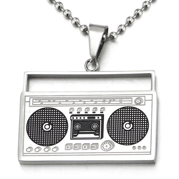 COOLSTEELANDBEYOND Steel Silver Black Cassette Player Pendant Necklace for Men Women with 30 inch Ball Chain - coolsteelandbeyond