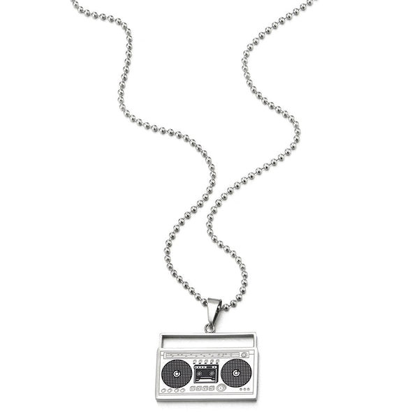 COOLSTEELANDBEYOND Steel Silver Black Cassette Player Pendant Necklace for Men Women with 30 inch Ball Chain - coolsteelandbeyond