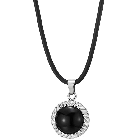Steel Spiral Spin Swirls Circle Dome Pendant Necklace with Black Gem Stone Black Silicone Cord - COOLSTEELANDBEYOND Jewelry