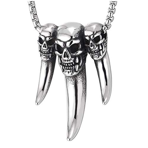 COOLSTEELANDBEYOND Steel Three Spiked Tusk Skulls Pendant Necklace for Men Women, Polished, 23.6 inches Wheat Chain - coolsteelandbeyond