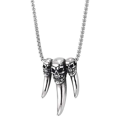 COOLSTEELANDBEYOND Steel Three Spiked Tusk Skulls Pendant Necklace for Men Women, Polished, 23.6 inches Wheat Chain - coolsteelandbeyond