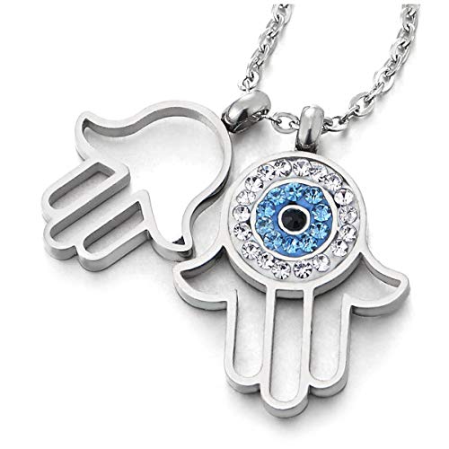 COOLSTEELANDBEYOND Steel Two Hamsa Hands of Fatima Charm Pendant Necklace with Blue White Cubic Zirconia 17 Inch Chain - COOLSTEELANDBEYOND Jewelry