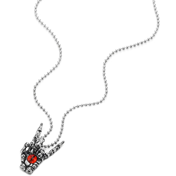 Steel Vintage Rock and Roll Hand Sign Gesture Skeleton Hand Claw Pendant Necklace with Red Evil Eye