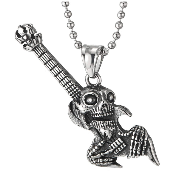 Steel Vintage Rock & Roll Punk Guitar Alien Skull Pendant Necklace for Men, 30 in Ball Chain