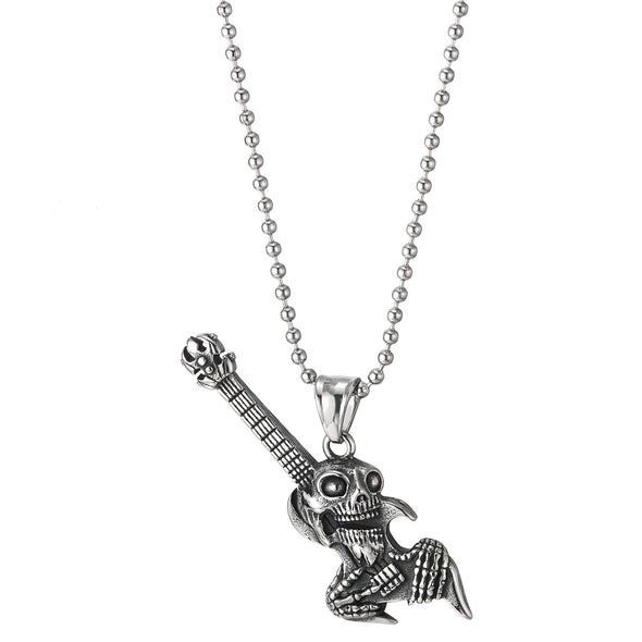 Steel Vintage Rock & Roll Punk Guitar Alien Skull Pendant Necklace for Men, 30 in Ball Chain