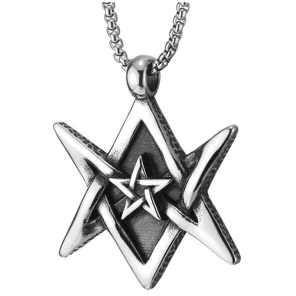 Steel Vintage Star of David Pentagram Star Pendant Necklace for Men Women, 30 inches Wheat Chain