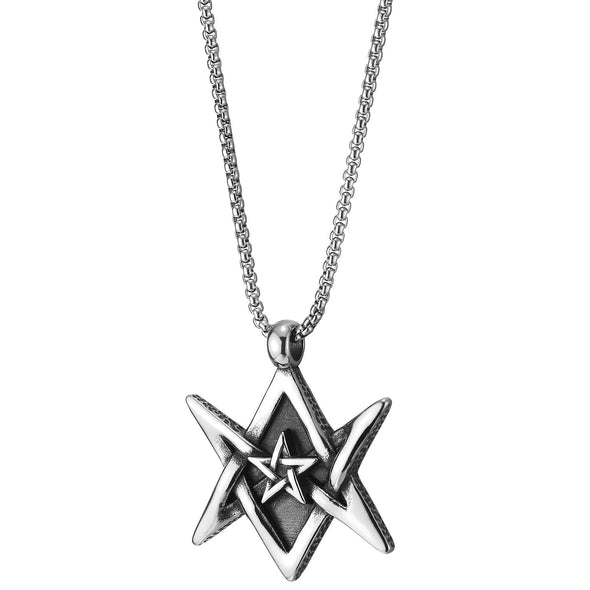 Steel Vintage Star of David Pentagram Star Pendant Necklace for Men Women, 30 inches Wheat Chain