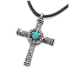 Steel Vintage Tribal Tattoo Pattern Circle Cross Pendant Necklace with Turquoise, Black Cotton Rope - COOLSTEELANDBEYOND Jewelry
