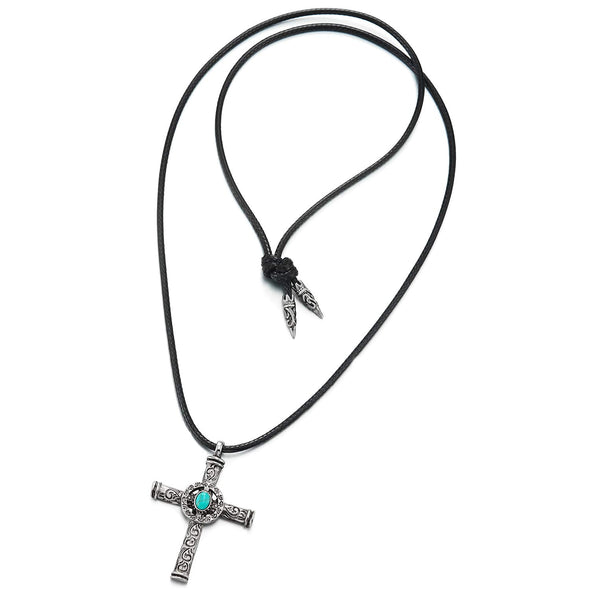 Steel Vintage Tribal Tattoo Pattern Circle Cross Pendant Necklace with Turquoise, Black Cotton Rope - COOLSTEELANDBEYOND Jewelry