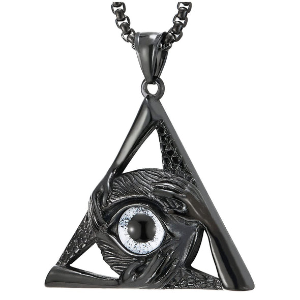 Steel White Evil Eye Protection Hands Black Triangle Pendant Necklace for Men Women 30 in Wheat Chain - COOLSTEELANDBEYOND Jewelry