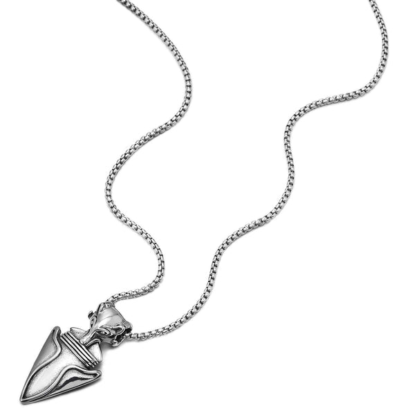 Steel Wolf Head Spiked Arrowhead Pendant Necklace for Men Women, 30 Inches Wheat Chain, Polished