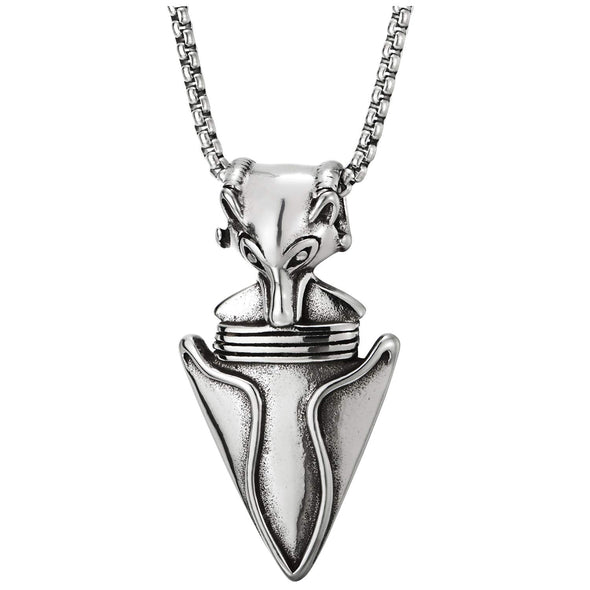 Steel Wolf Head Spiked Arrowhead Pendant Necklace for Men Women, 30 Inches Wheat Chain, Polished