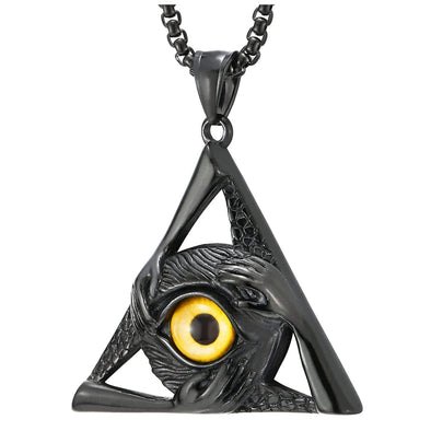 Steel Yellow Evil Eye Protection Hands Black Triangle Pendant Necklace for Men Women 30 Wheat Chain - COOLSTEELANDBEYOND Jewelry